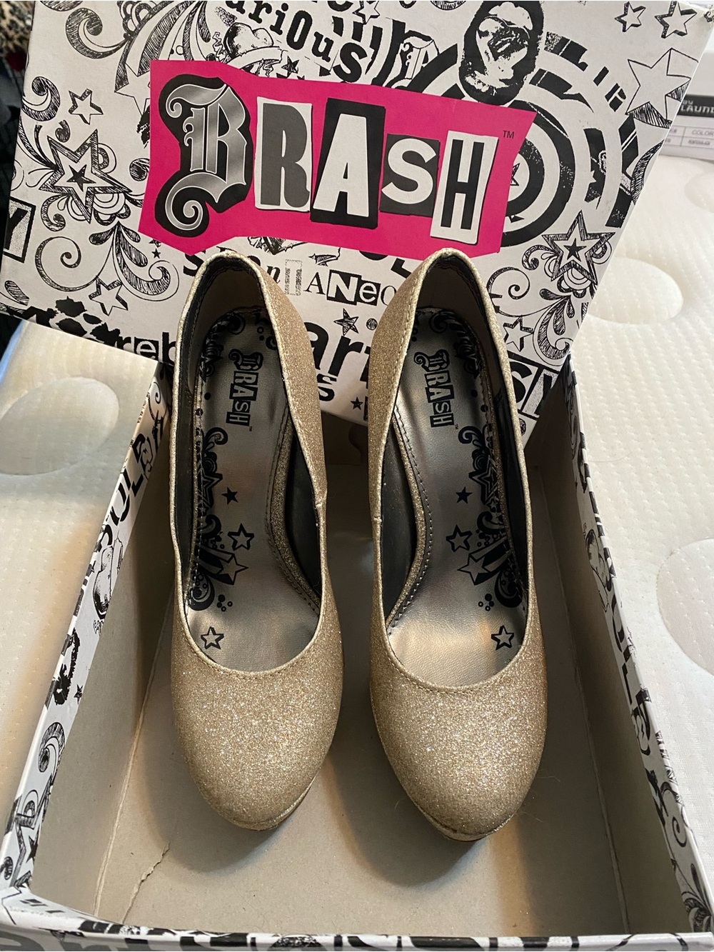 Brash Gold Glitter Round-Toe Heels